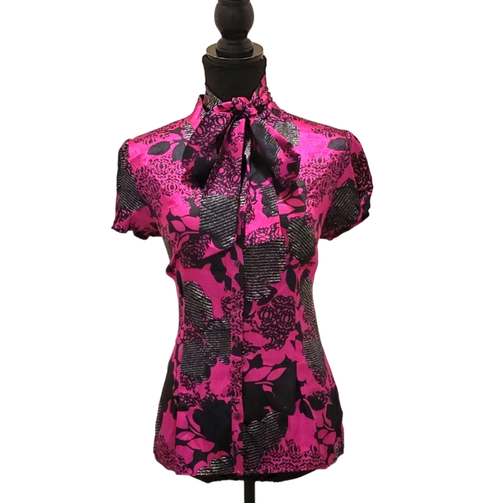 Worthington Floral Bow Button-Down Cap Sleeve Blouse